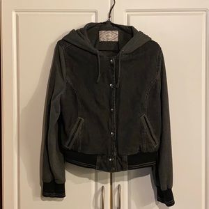 Black and Gray Dravus Denim Bomber Jacket w/ Hood